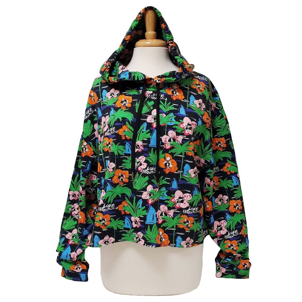 LOVE MOSCHINO SWEATSHIRT LOGO HAWAIIAN PRINT TOP COTTON HOODED sz IT 48 US 12